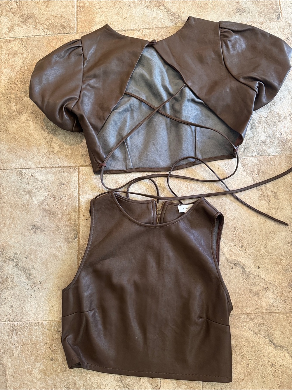 2-Kirious Los Angeles Brown Faux Leather Crop Tops puff sleeve/vest size small
